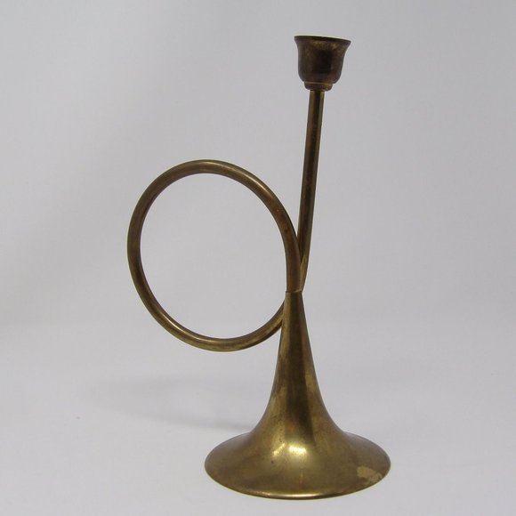Vintage Brass French Horn Candle Stick Holder 9" H x 4 1/2" W - Picture 4 of 10
